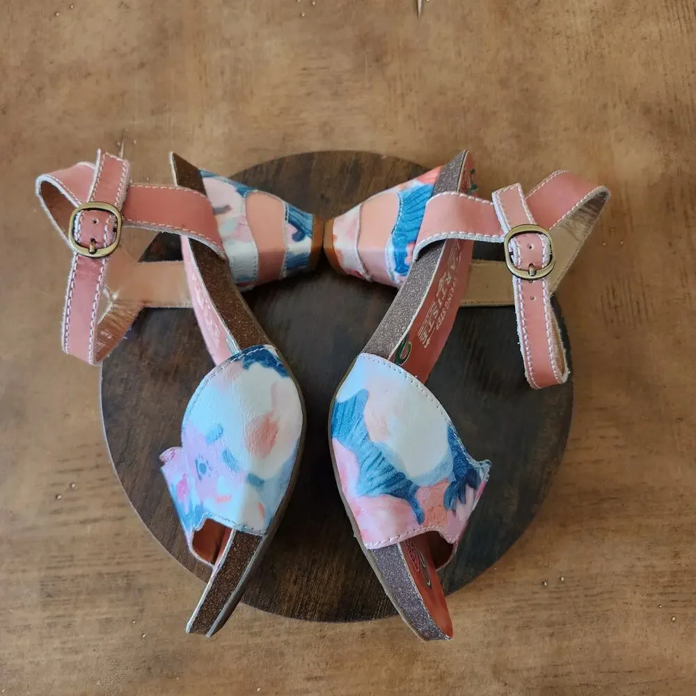 L'Artiste Spring Step Mauri Floral Sandals 37 Warm Orange Leather Hand Painted - Picture 13 of 16